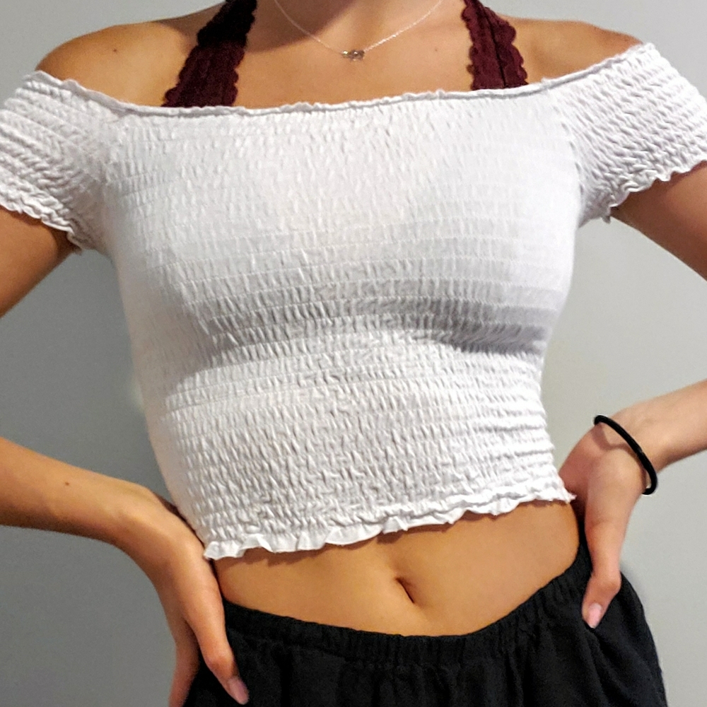 White off the shoulder stretchy t